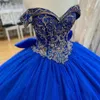 Синее блестящее бальное платье с кристаллами и блестками, платья Quinceanera, с открытыми плечами, аппликация, кружевной корсет с бисером, Vestidos De 15 Anos