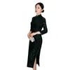 民族衣類特大3xl 4xl 3/4スリーブチョンサムスフラワーセクシーなQipao Velor Lady Chinese Dresses Side Split Mandarin Collar Vesti