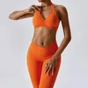 Ensembles actifs femmes Fitness Yoga ensemble vêtements d'entraînement sans couture deux pièces soutien-gorge de sport accrocher cou Sexy dos Gym course haut court Leggings