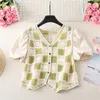 Women's Blouses Short Sleeves Hollows Shirt Chiffon Loose Fit Tops Knitted Check Pattern Shirts Cute Sweet Style For Daily 10CD