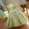 Robes brillantes en dentelle verte pour enfants fille fleurie pour le mariage manches longues en tulle princesse fête concours filles saint première communion robe de demoiselle d'honneur