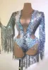 Стадия ношения Sparkling Silver Wrinestone Sequin Tassel Party Bodysuit Женщины растяжение танце