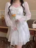 Abiti casual moda coreana mini donne kawaii fiocco manica lunga abito in chiffon stile preppy dolce fata principessa volant abiti