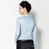 Kvinnors blusar Office Blus Solid Body Shirt Turn-Down Collar V Neck Long Sleeve Buttons Up Women Tops och Blue White