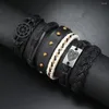 Bedelarmbanden Rock Roll Vintage Rudder 4 stks / set lederen armband voor mannen Hand gevlochten wrap polsbandje touw heren kralen sieraden