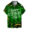 Casual overhemden voor heren, button-down St. Patricks' Day, overhemd met korte mouwen, herfstgroen, 3D-katoen, lang