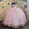 Rosa glänzendes Quinceanera-Kleid 2024 Ballkleid Applikationen Perlenstickerei Pailletten aus der Schulter Sweet 15 16 Kleid Vestido De 15 Anos