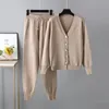 Womens Two Piece Pants Autumn and winter womens track clothing khaki Vneck cardigan sweater elastic mens knitted twopiece street set 231129