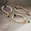 Keten Luxe Groene Steen Vintage Barokke Mode Natuurlijke Parel Armband voor Vrouwen Meisjes Manchet Armband Koreaanse Sieraden Verjaardag Geschenken 231130