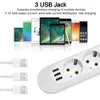 Strömremsor Förlängningssladdar Surge Protectors EU Plug Strip med 3 USB -portar Cord Socket Network Filter Rund Pin AC Outlet 2500W Elektrisk laddningsadapter 231130