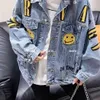 European Heavy Industry Embroidered Smiling Face Letter Medium Length Denim Jacket for Women Versatile Loose Fitting Slimming and Trendy on the Internet