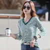 Dames T-shirts Shirt Dames Lange mouw V-hals Gestreept Katoenen T-shirt Mode Casual Tops Lente Herfst Basic T-shirts