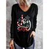 T-shirts pour femmes Vêtements 2023 Mode Casual Drôle Mignon Dessin animé Imprimer T-shirts de Noël Femme Y2K Col en V À Manches Longues Tunique Lâche Tops