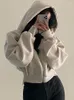 Dames Hoodies Crop Capuchon Zip Up Hoodie Dames Effen Kleur Oversized Korte Jassen Herfst Winter Dame Zakken Trekkoord Sweatshirts