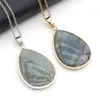 Pendant Necklaces Wholesale5PCS Natural Flash Labradorite Stone Drop Gilded Silver Edge Necklace For Jewelry Making Fashion GiftPendant