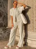 Mulheres femininas Mulheres elegantes plissadas de duas peças fixadas em blusas de manga curta solta calças de perna largura de altas roupas de canto largo traje roupas casuais 2023women