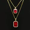 2st Ruby Necklace Jewelry Set Silver Gold Plated Iced Out Square Red Pendant Hip Hop Box Chain239q