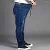 Herr jeans plus storlek l-7xl män våren höst mode casual klassisk smal löst rak elastisk midja dragkammare långa denimbyxor