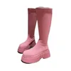 Stövlar kvinnor Högt flygstickade elastiska stövlar Autumn Slip på Chunky Platform Ankle Boots Woman Fashion Pink Thick Thick Bottor 2024 231129