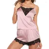 Dames Nachtkleding Dames Sexy Pyjama Kant Patchwork Satijn Zijde Spaghetti Top Shorts Sensuele Dames Femme Pijamas Sets