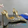 Sandálias Sexy Metal Couro Apontado Toe Cristal Incrustado High-Heel Back Strap Dress Sapatos Verão Luxo Mulheres Casamento