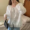 Blouses Femmes WDMSNA Coréen Chic Printemps / Été Col Rond Femmes Chemise À Lacets Fleur Lâche Blusas Puff À Manches Longues Blouse Blanc Top