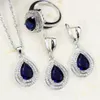 Bague Ringen Water Drop Shaped Sapphire Silver 925 Jewelry Sets for Women Blue Gemstones Ring Earrings Necklace Bracelet Wedding M279d