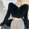 Chandails pour femmes automne hiver manteau pull haut tricoté cardigan en peluche épaule courte style douceur vison couleur unie fermeture éclair conception 231129