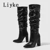 Boots Liyke Size 35-42 White Pleated Leather Long Boots Women Autumn Winter Chunky Heels Motorcycle Knee High Shoes Botas Largas Mujer 231129