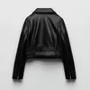 Spring Autumn Black Washed Leather Croped Coat Women Fashion Belted Zipper Slim Short Faux Pu Jacket