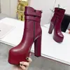 Bottines à plateforme à bout rond, bottines à talons hauts de 14,5 cm, boucle ornée, fermeture à glissière en cuir véritable, grosse botte de luxe de styliste pour femmes, chaussures d'usine