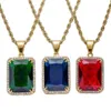 Men Women Hip Hop Gemstone Pendant Necklace Popular Red Blue Green Gem Jewelry High Quality Stainless Steel IP Gold Plated Accesso315T