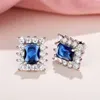 Boucles d'oreilles rectangulaires exquises en CZ bleu pour femmes, accessoires d'oreilles de mariage élégants pour mariée, couleur argent, bijoux à la mode