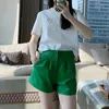 Women's Shorts Green Leather For Women 2023 Pleated Waist Genuine Sheepskin Casual Versatile Loose Leg Pocket Booty Pants