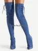 Laarzen est Sexy Vrouwen Puntschoen Over de knie Naaldhak Denim Gladiator Side Lace up Slanke Stijl Lange Hoge Hakken 231130