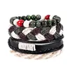 Bracelets porte-bonheur 4pcs / set Hippie Punk Cuir Noir Vert Foncé Beige Cordon Noeuds Perles De Bois Couches Empilable Wrap Large Bracelet Bracelets Pour