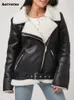 Mulheres de couro falso aotvotee pele forrado casaco jaqueta feminina outono inverno engrossar quente preto plutônio vintage zíperes outerwear 231129