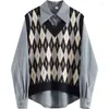 Kvinnors tröjor Preppy Style Turn-Down Collar Long Sleeve Shirt Autumn Winter Loose Knitted Tröja Vest Argyle Vintage Tvådelat Set