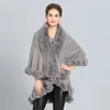 Damski Cape Fashion Podwójna warstwa ręczna ręka Faux Rex Rabbit Fur Cape Szal długi dzianin Poncho Płaszcz Owód futra Pashmina Cloak Women Winter 231129