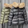 Veste d'hiver parka en duvet pour femme, classique, grand col en fourrure, capuche, ceinture épaisse, taille slim, courte, noire, 2023, 231130