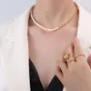 French Instagram Style Oval Bead Collbone Chain Sträng för kvinnor Titanium Steel Gold Natural Freshwater Pearl Necklace