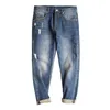 Jeans masculinos maden workwear retro rasgado buraco lavado orelha vermelha magro encaixe pequeno perna reta outono calças cortadas