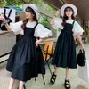 Clothing Sets Girls Short Sleeve Strap Dress Set 2023 Teen Children's Bubble Loose Top Black Casual For School Kids 2PCS