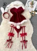 Sexy Set SINGREINY Cosplay Rabbit Maid Nightwear Halter Splice Fur Bow Lingerie Combination Christmas Erotic Porno Underwear Sets 231129