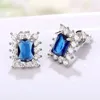 Boucles d'oreilles rectangulaires exquises en CZ bleu pour femmes, accessoires d'oreilles de mariage élégants pour mariée, couleur argent, bijoux à la mode