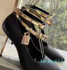 Marca de moda vestido sapatos ouro bloqueio decoração feminina sandália casual couro salto alto festa tornozelo tiras genuíno clássico