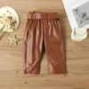 Clothing Sets Elegant Fashion Kids Girls Clothes Set Puff Sleeve Ribbed Blouse T Shirt Tops PU Leather Long Pants With Belt 2PCS Suit 231129