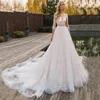 Charming Hollow Wedding Gown For Bride Covered Button Tulle Court Train Jewel Applique Trendy Chapel Draped Customised