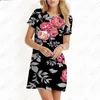 Robes décontractées 3D feuille verte rose fleur imprimer femmes Mini robe 2023 été ample grande taille à manches courtes col rond a-ligne soleil