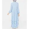 Ethnische Kleidung Blau Mode Kleider für Frauen Muslim Bündel Puffärmel O-Ausschnitt Lange Robe Kleider Full Cover Geometry Print Patchwork Maxi